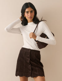 Brown Cord Scallop Trim Mini Skirt