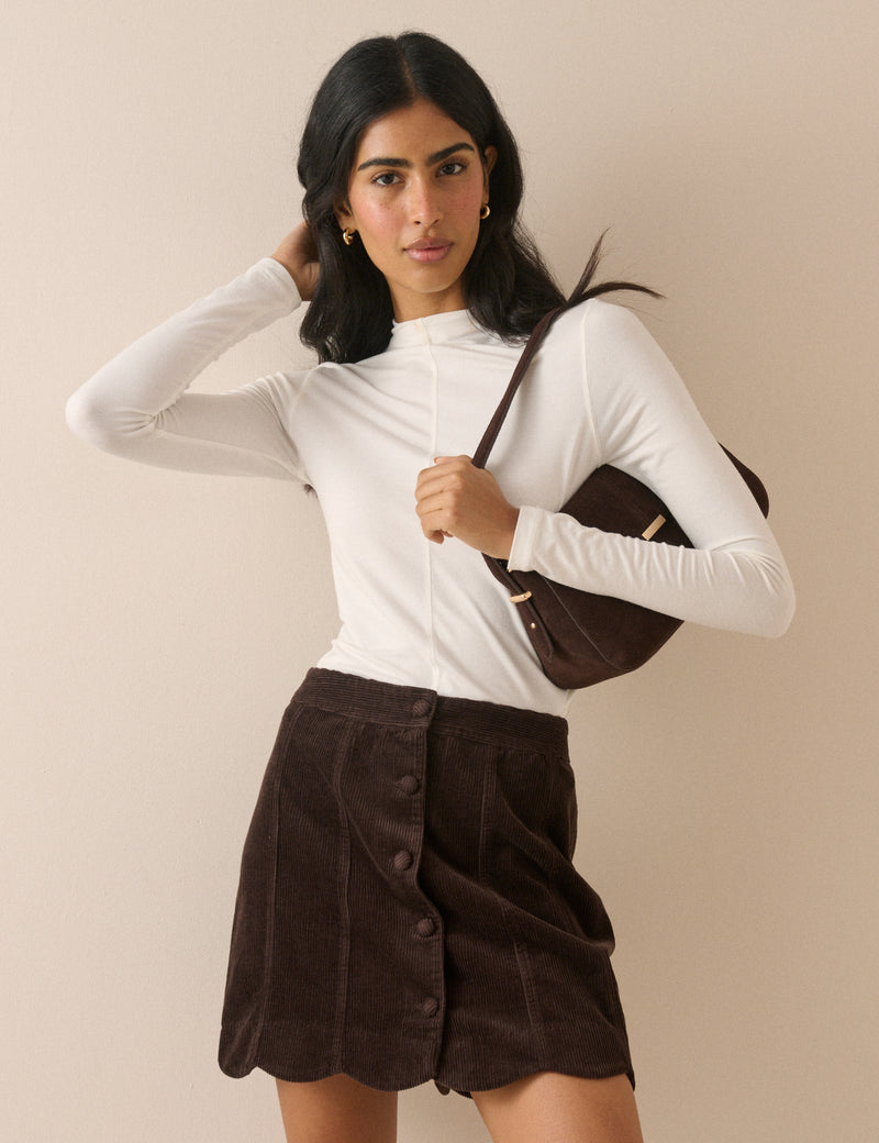 Brown Cord Scallop Trim Mini Skirt