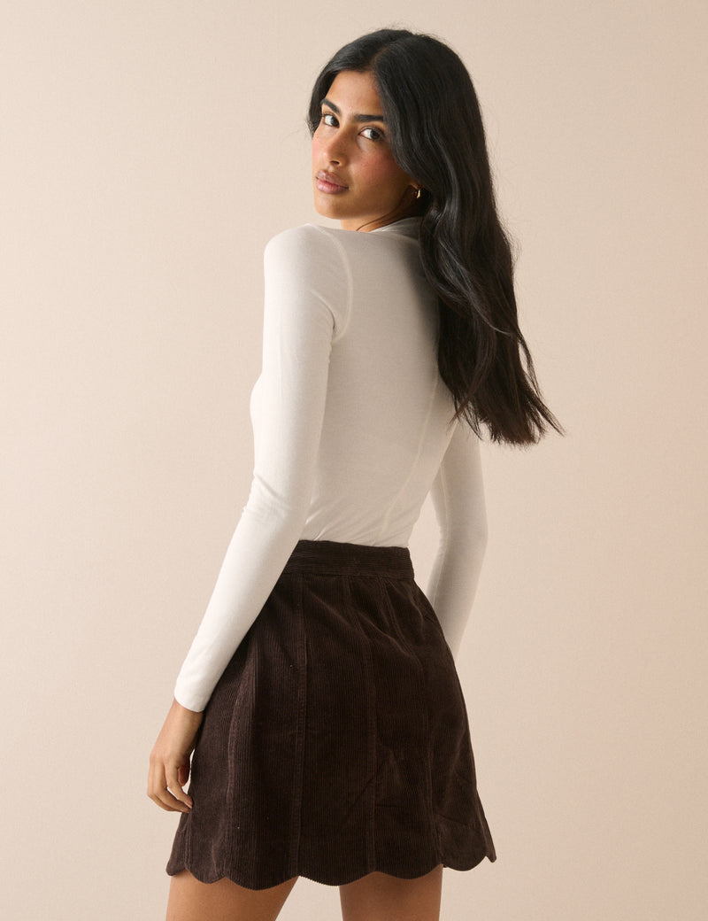 Brown Cord Scallop Trim Mini Skirt