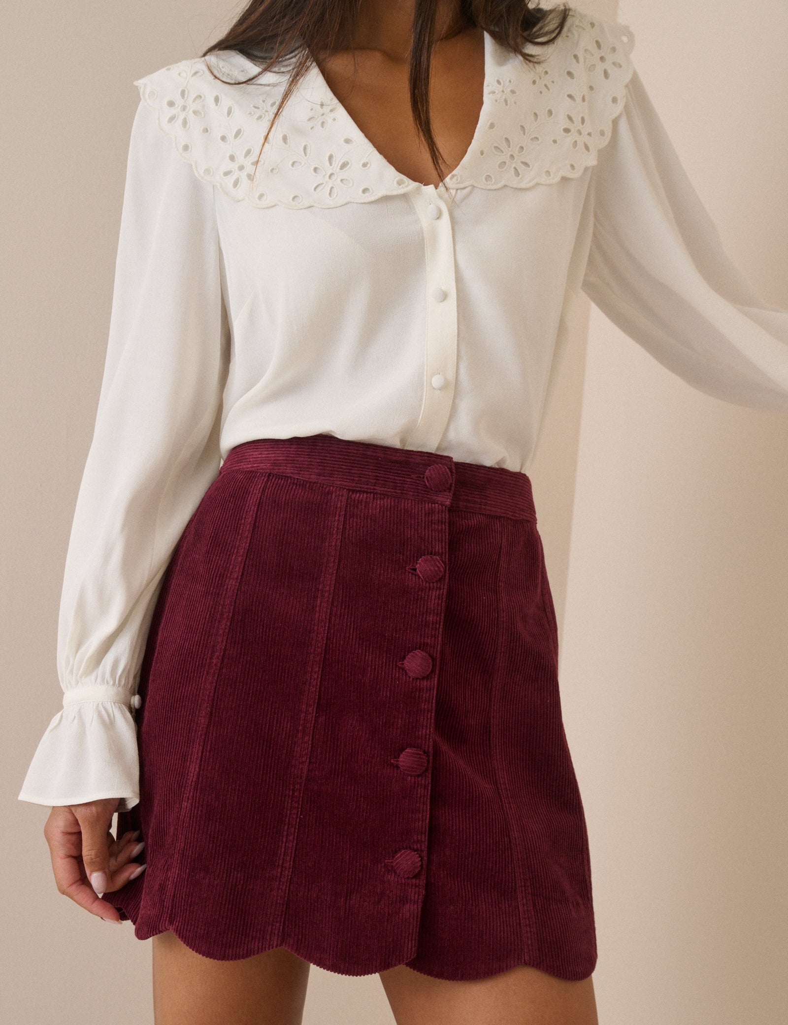 Burgundy Cord Scallop Trim Mini Skirt