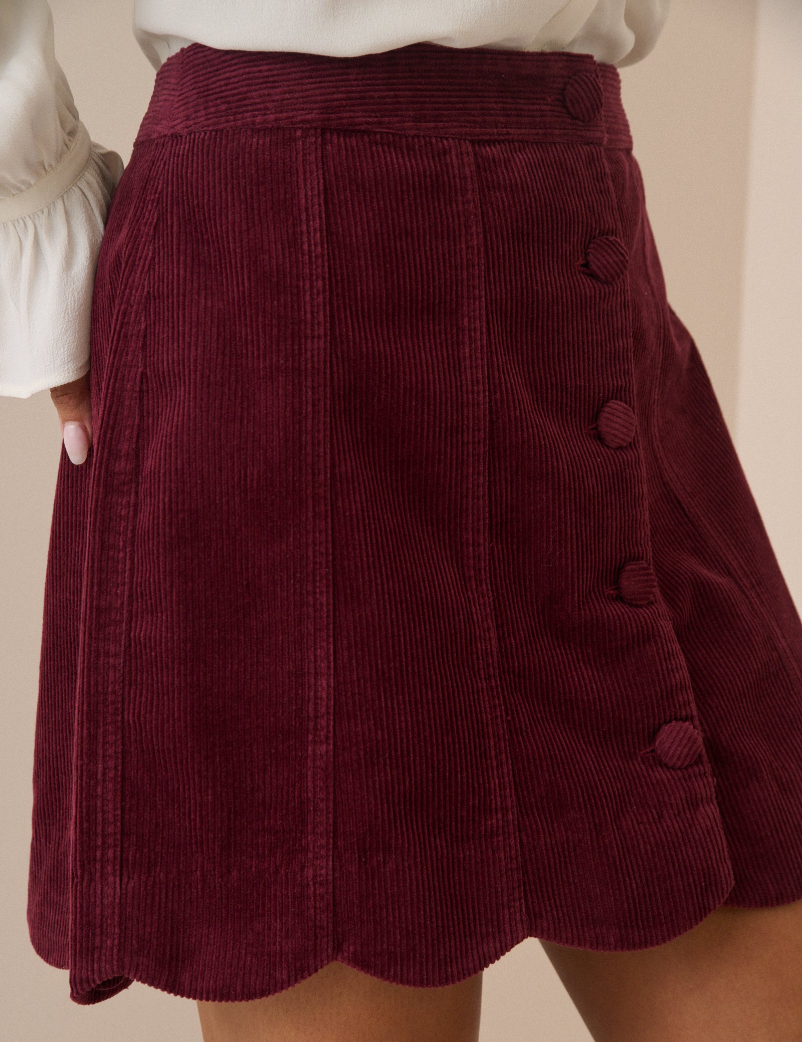 Burgundy Cord Scallop Trim Mini Skirt