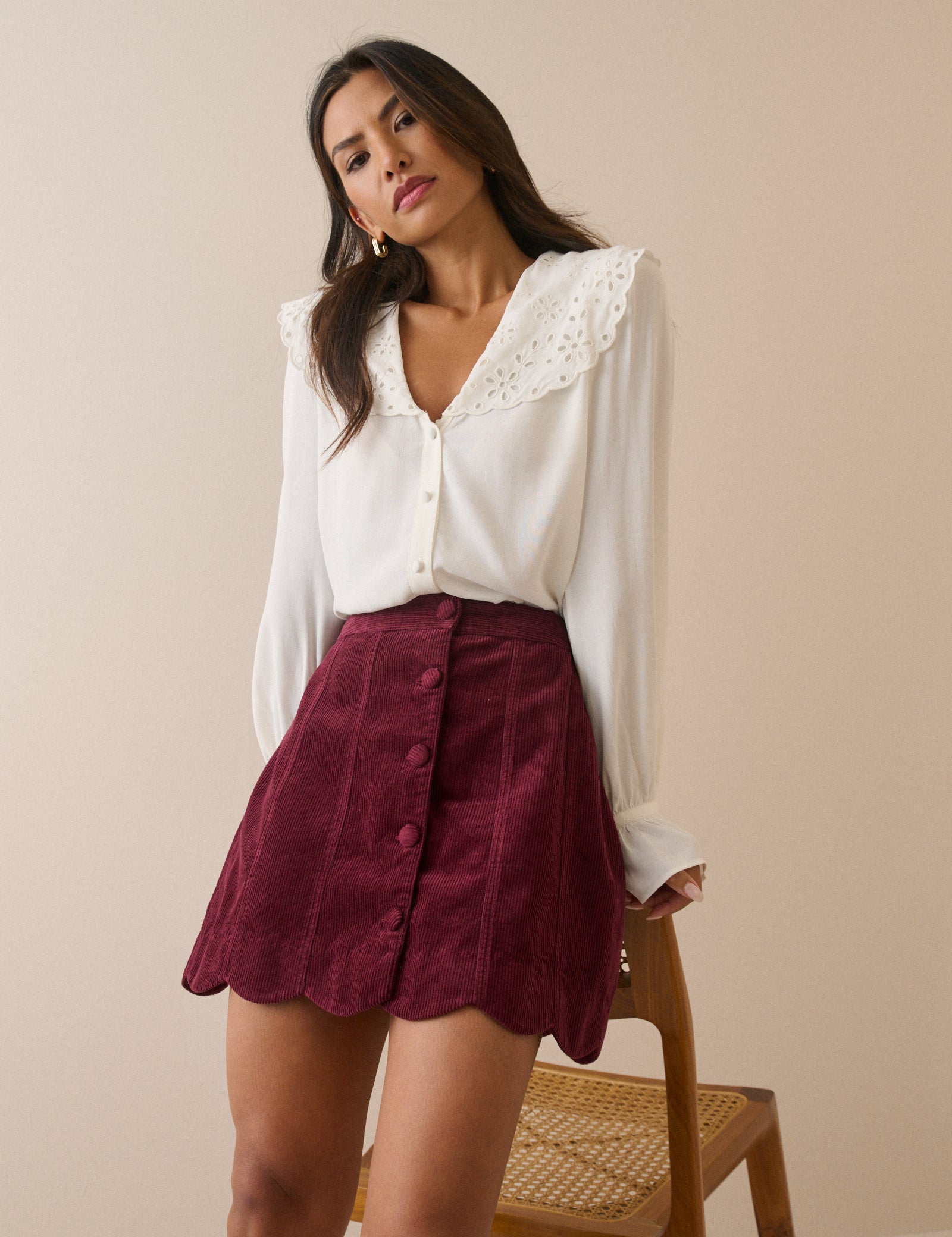 Burgundy Cord Scallop Trim Mini Skirt