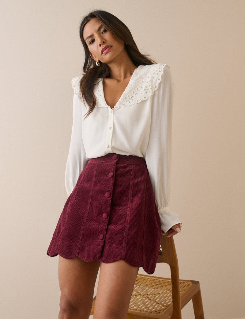 Burgundy Cord Scallop Trim Mini Skirt