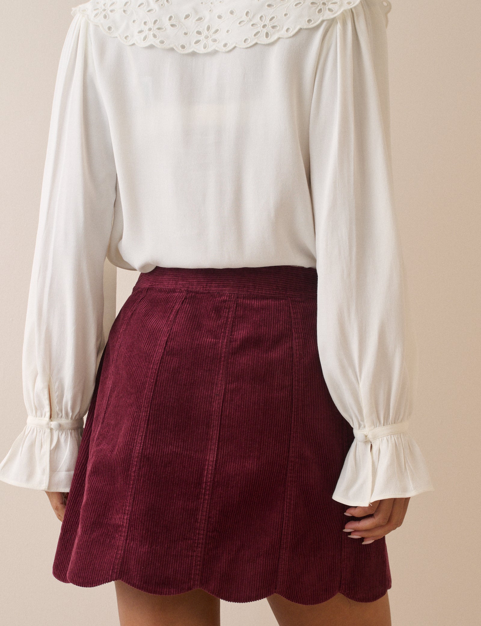 Burgundy Cord Scallop Trim Mini Skirt