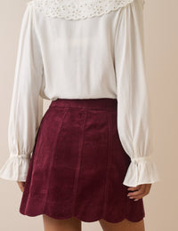 Burgundy Cord Scallop Trim Mini Skirt