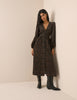 Black and Orange Floral Shirred Cord Midi Dress