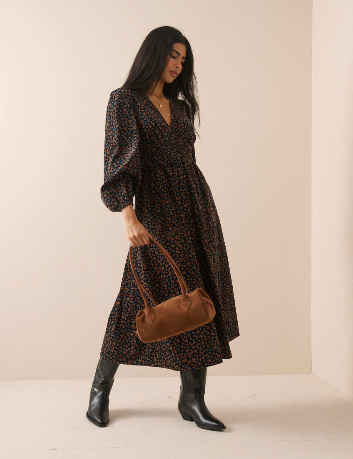 Black and Orange Floral Shirred Cord Midi Dress