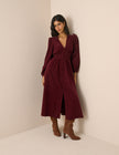 Burgundy Cord Shirred Waist Riley Midi Dress