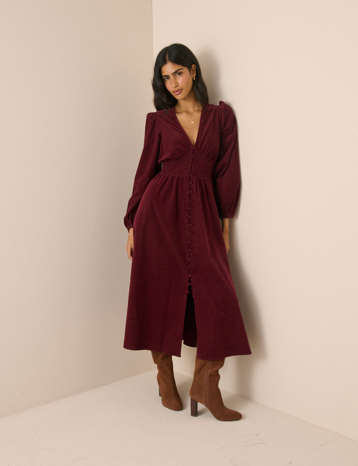 Burgundy Cord Shirred Waist Riley Midi Dress