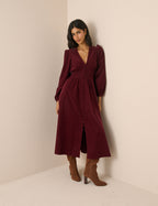 Burgundy Cord Shirred Waist Riley Midi Dress