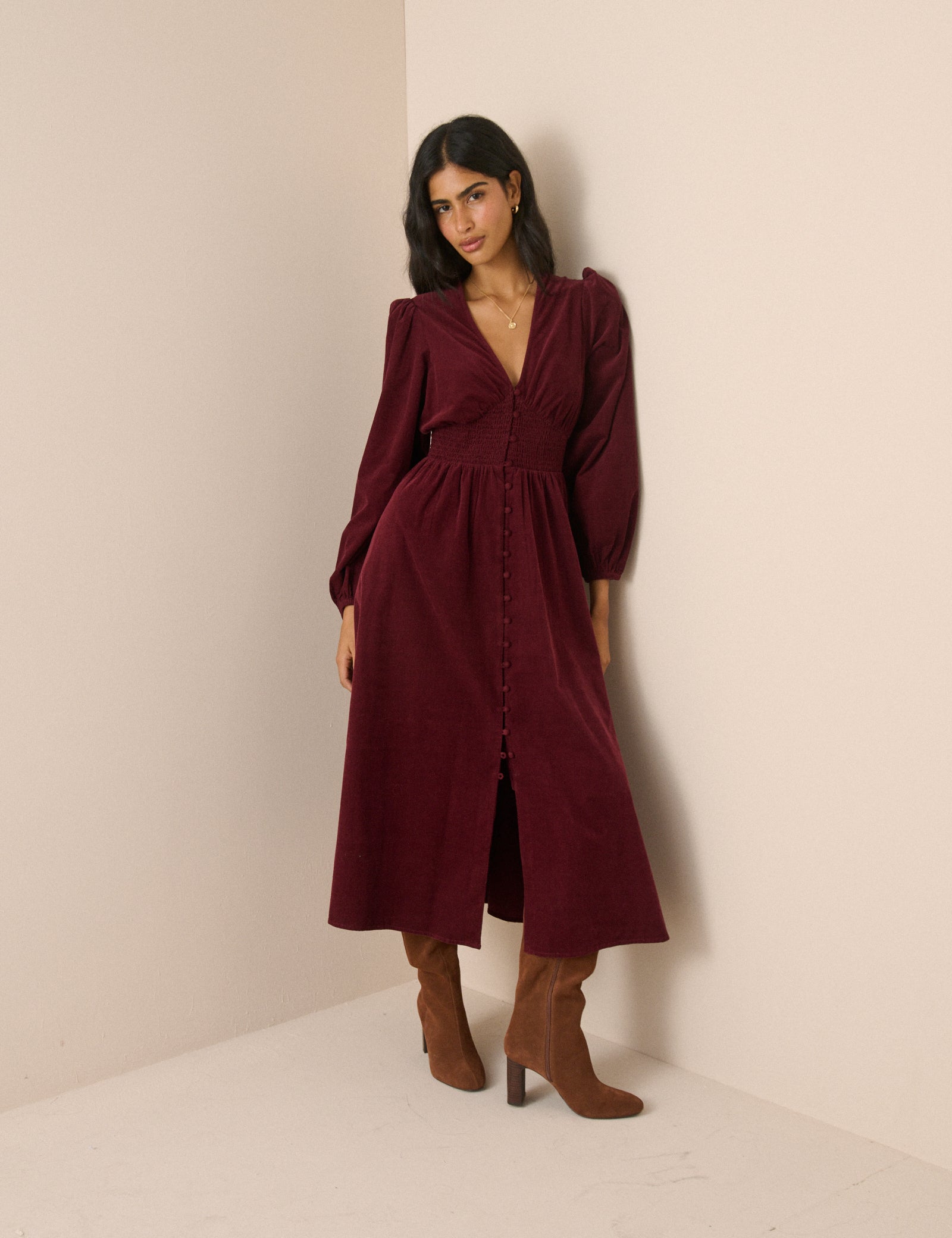 Burgundy Cord Shirred Waist Riley Midi Dress
