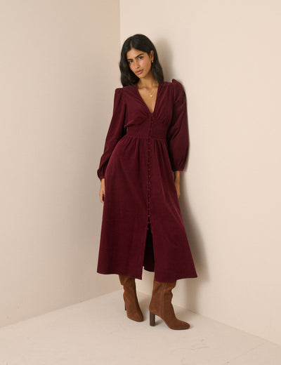 Burgundy Cord Shirred Waist Riley Midi Dress