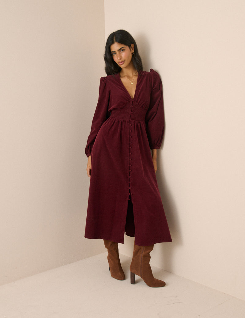 Burgundy Cord Shirred Waist Riley Midi Dress