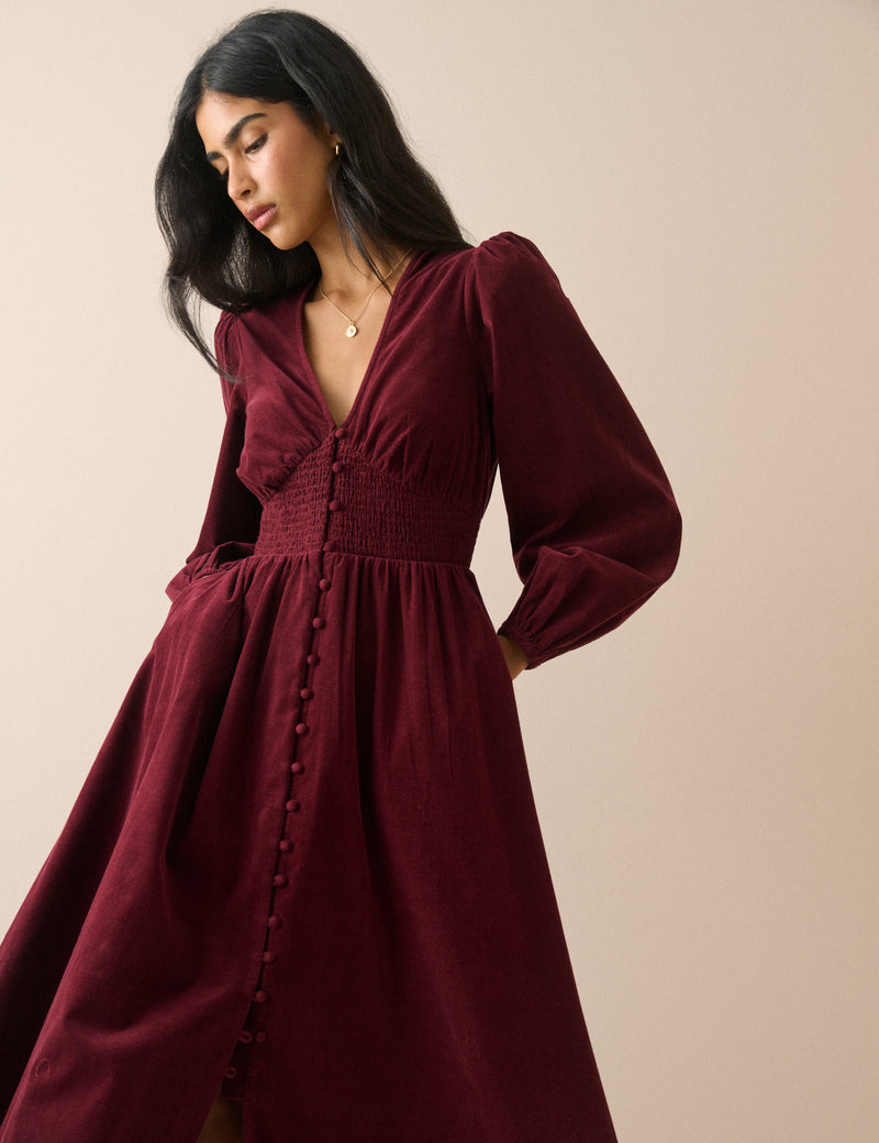 Burgundy Cord Shirred Waist Riley Midi Dress