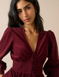 Burgundy Cord Shirred Waist Riley Midi Dress