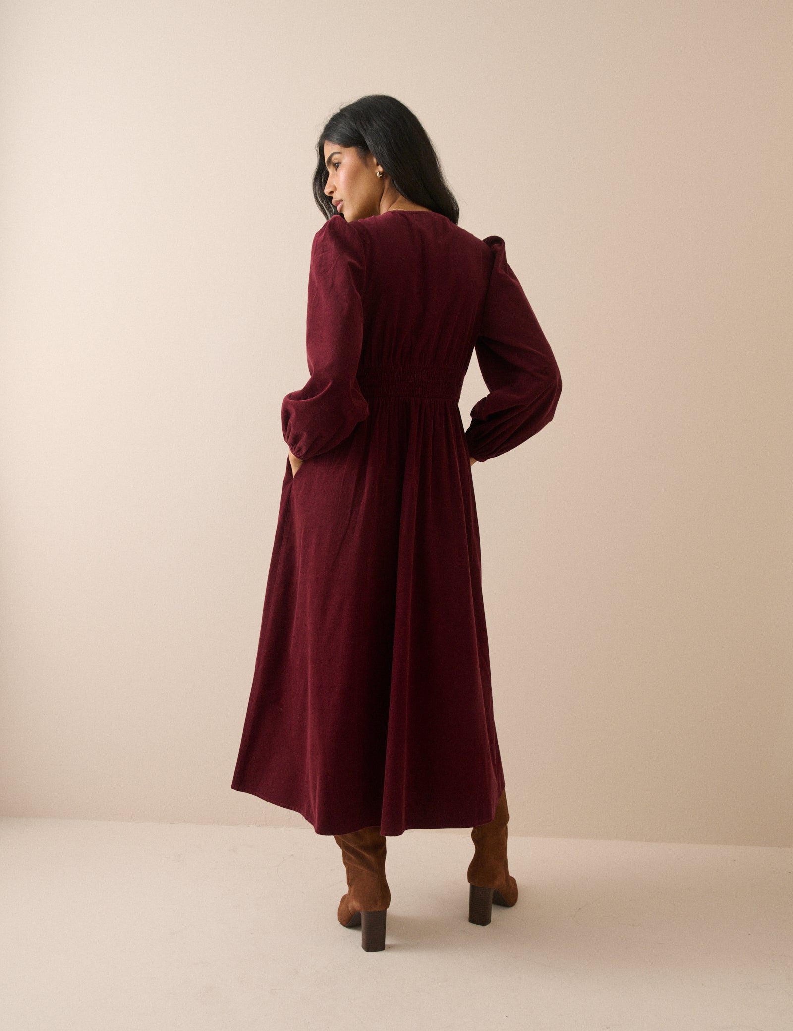 Burgundy Cord Shirred Waist Riley Midi Dress