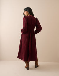Burgundy Cord Shirred Waist Riley Midi Dress
