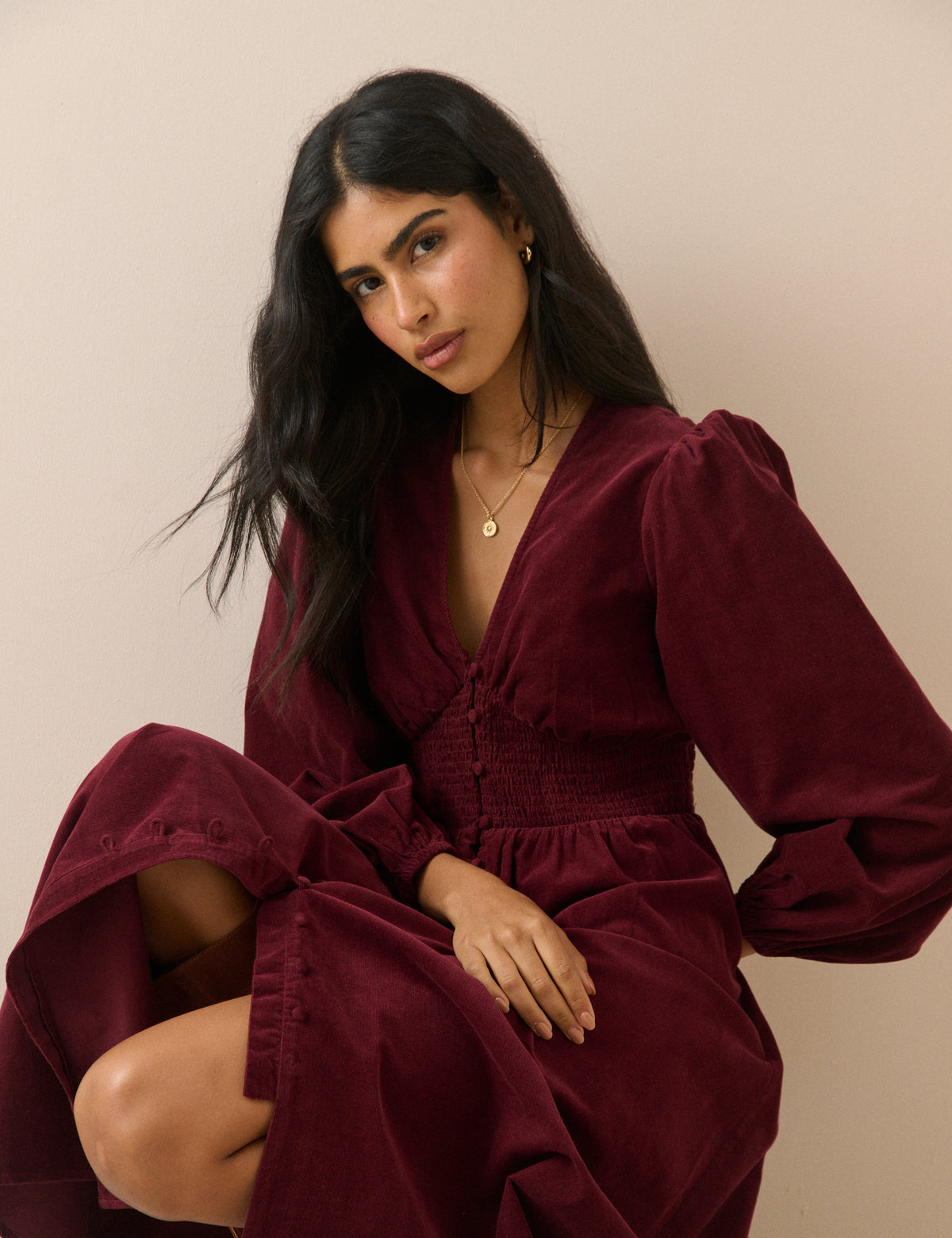 Burgundy Cord Shirred Waist Riley Midi Dress