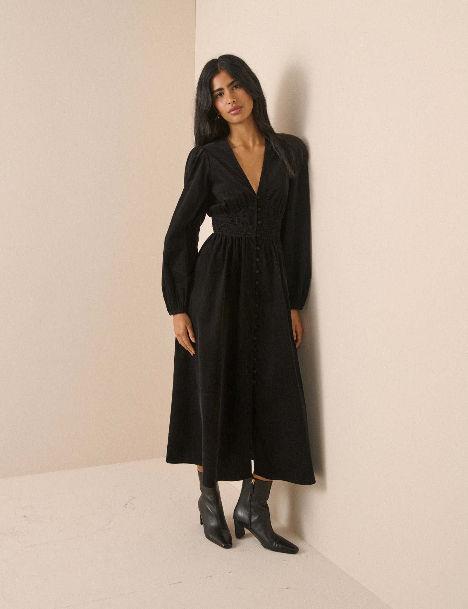 Black Cord Shirred Waist Riley Midi Dress