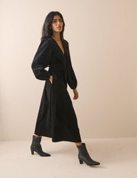 Black Cord Shirred Waist Riley Midi Dress