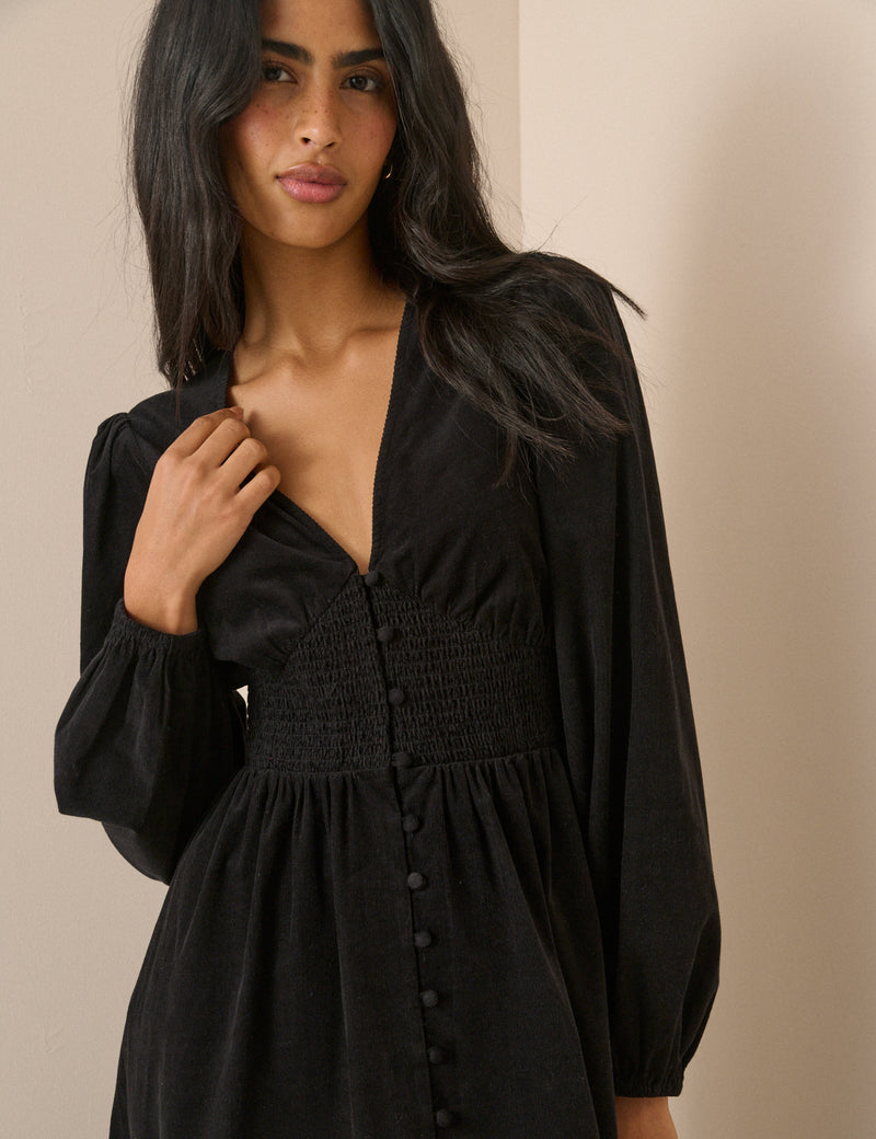 Black Cord Shirred Waist Riley Midi Dress