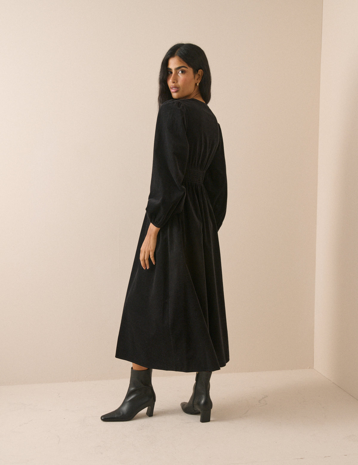 Black Cord Shirred Waist Riley Midi Dress