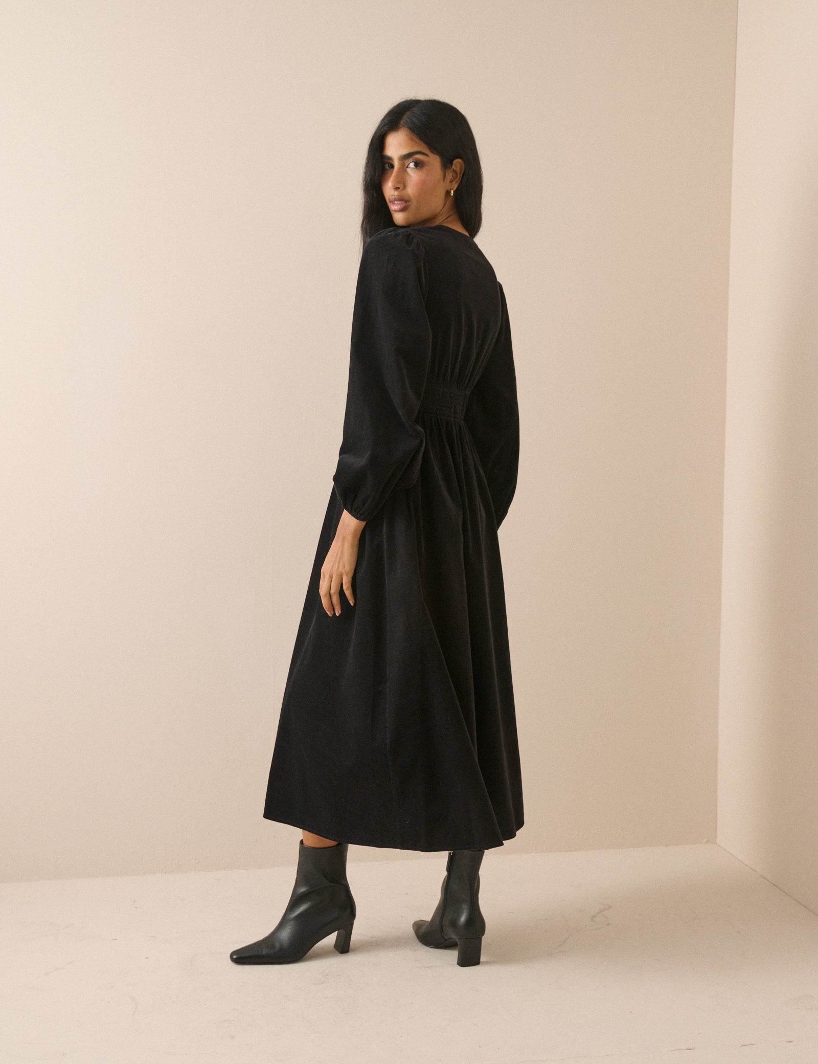 Black Cord Shirred Waist Riley Midi Dress