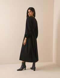 Black Cord Shirred Waist Riley Midi Dress