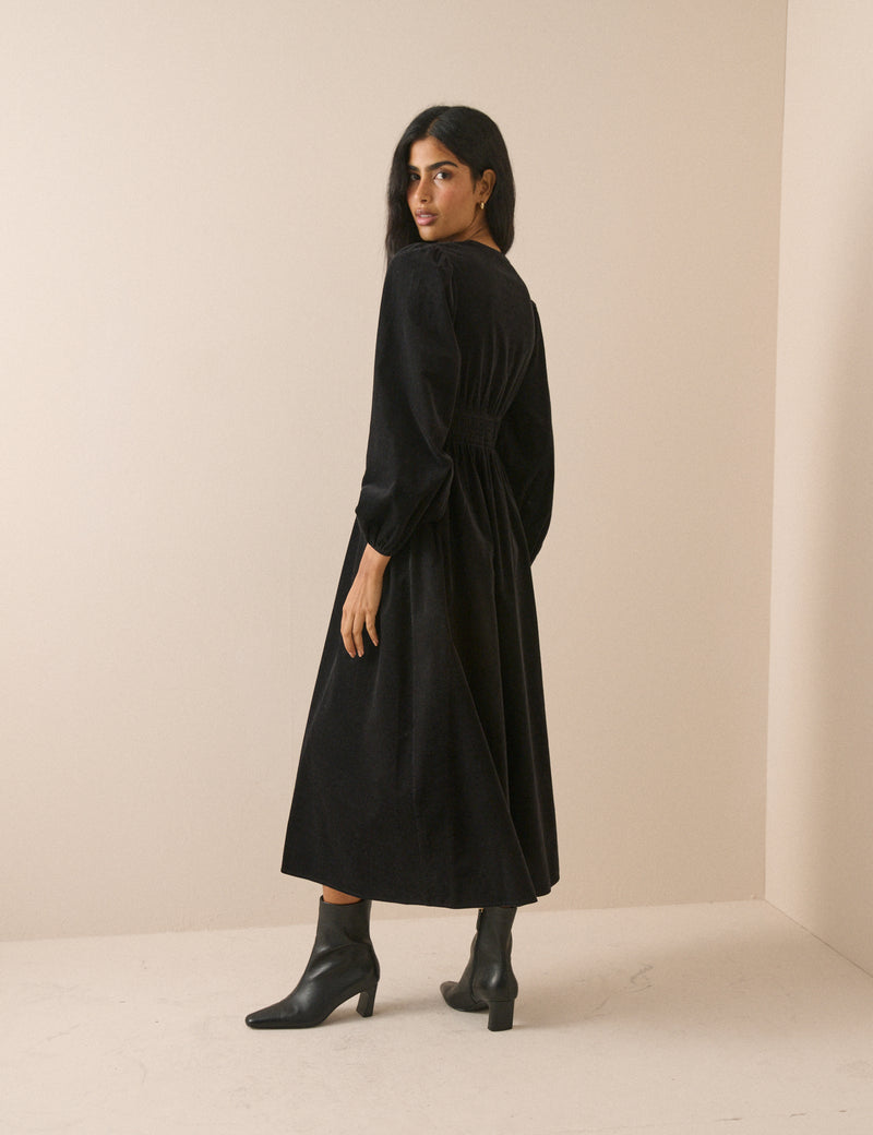 Black Cord Shirred Waist Riley Midi Dress