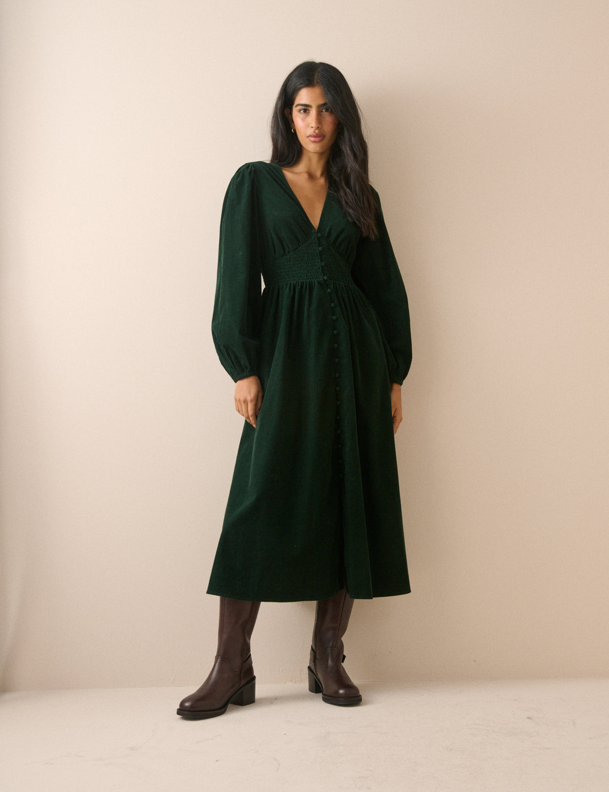 Green Cord Shirred Riley Midi Dress
