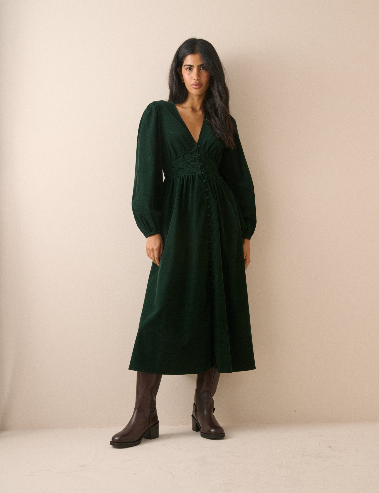 Green Cord Shirred Riley Midi Dress