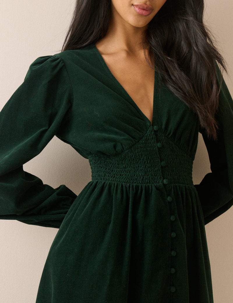 Green Cord Shirred Riley Midi Dress
