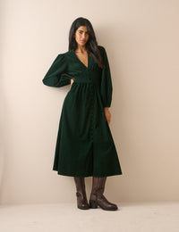Green Cord Shirred Riley Midi Dress