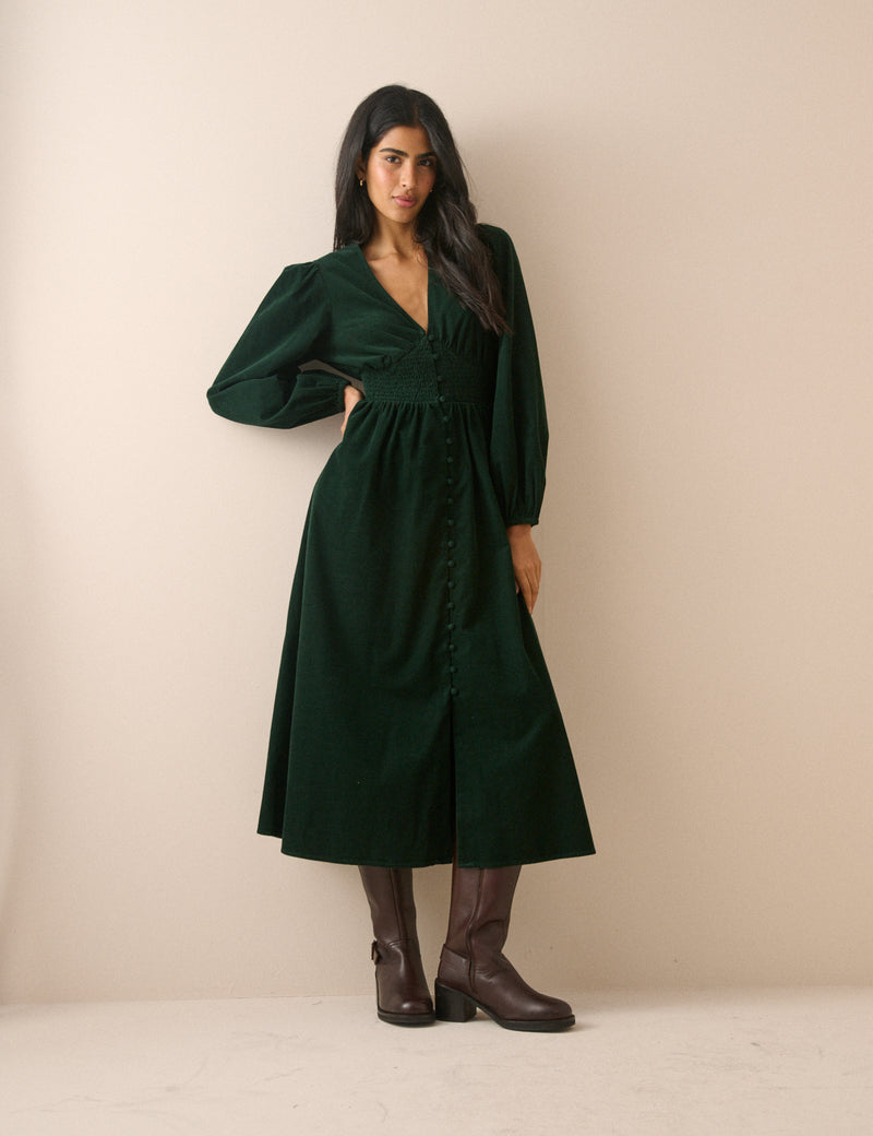 Green Cord Shirred Riley Midi Dress