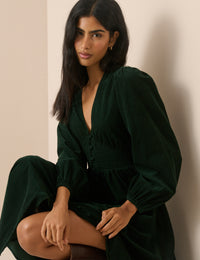 Green Cord Shirred Riley Midi Dress