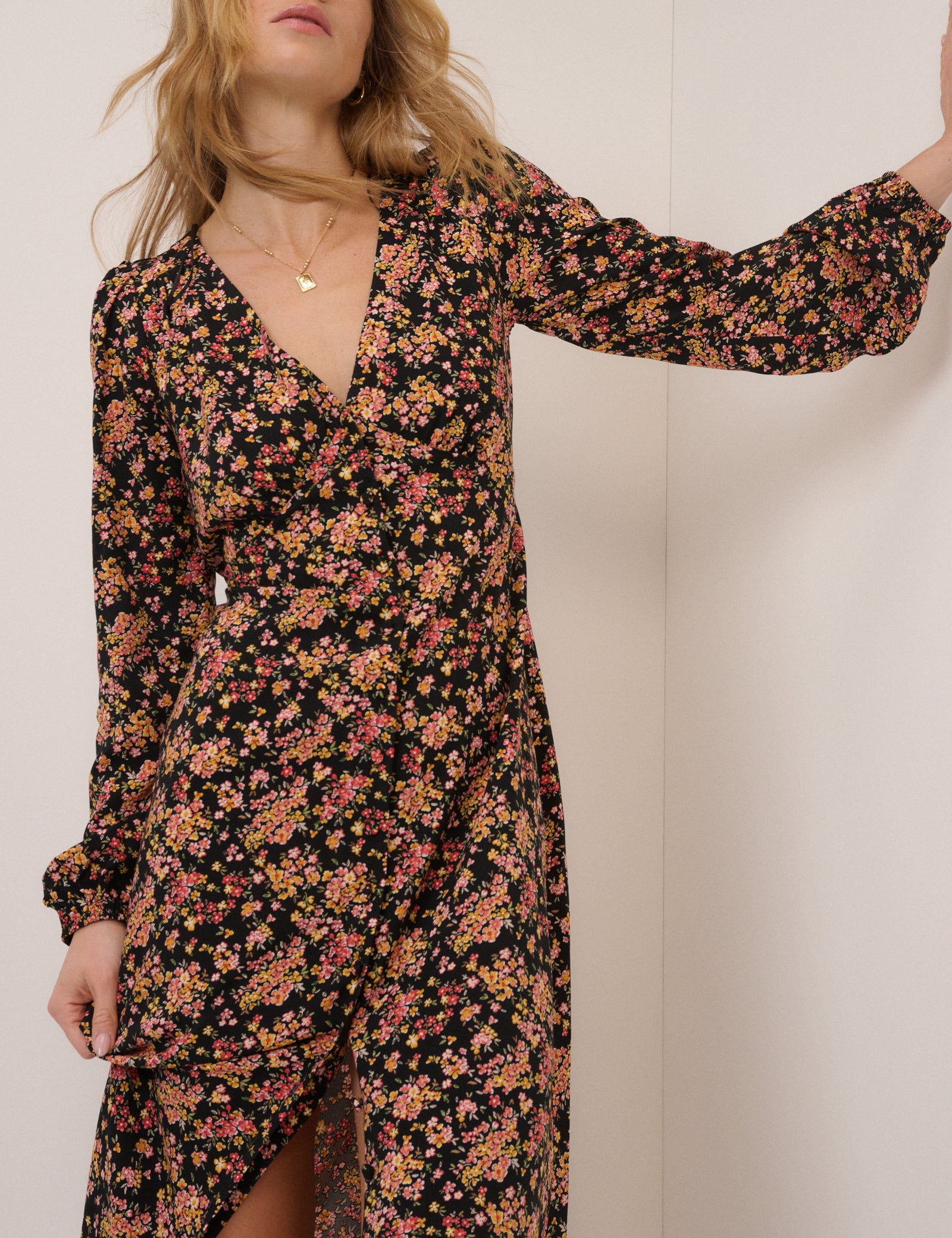V-Neck Button Front Long Sleeve Kennedy Midi Dress