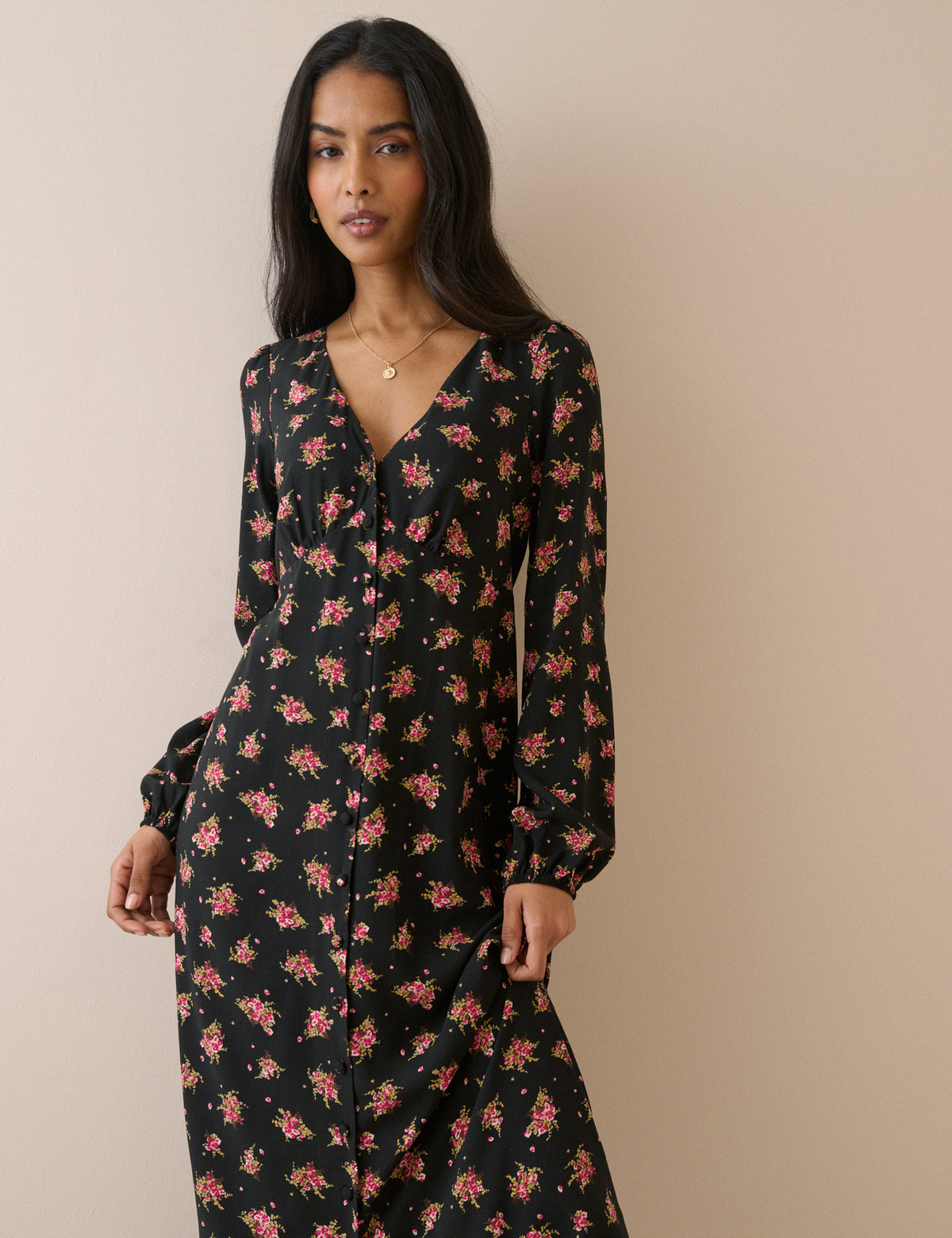 Black and Pink Floral Kennedy Midi Dress