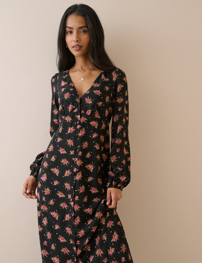 Black and Pink Floral Kennedy Midi Dress