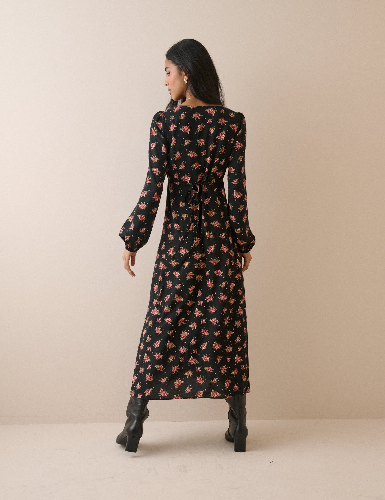 Black and Pink Floral Kennedy Midi Dress