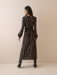 Black and Pink Floral Kennedy Midi Dress