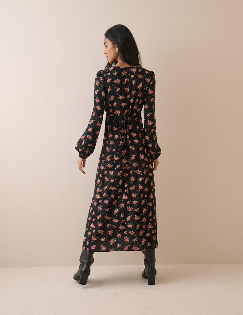 Black and Pink Floral Kennedy Midi Dress