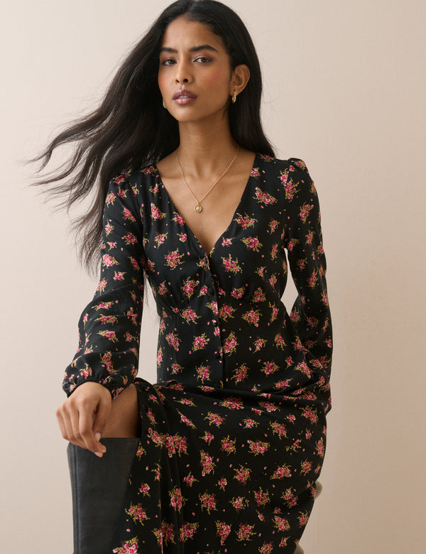 Black and Pink Floral Kennedy Midi Dress
