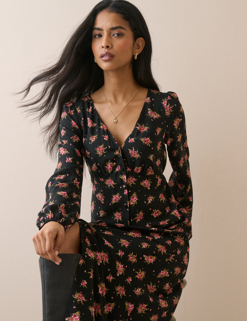 Black and Pink Floral Kennedy Midi Dress