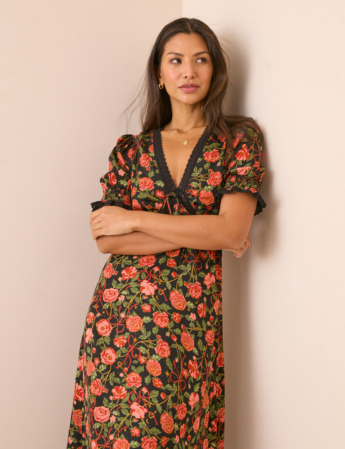 Black and Red Floral Sophia Midi Dress