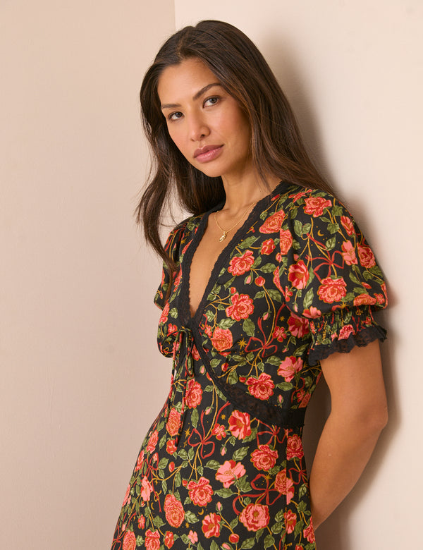 Black and Red Floral Sophia Midi Dress