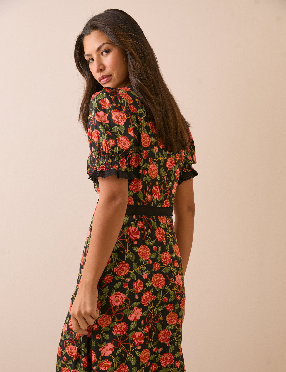 Black and Red Floral Sophia Midi Dress
