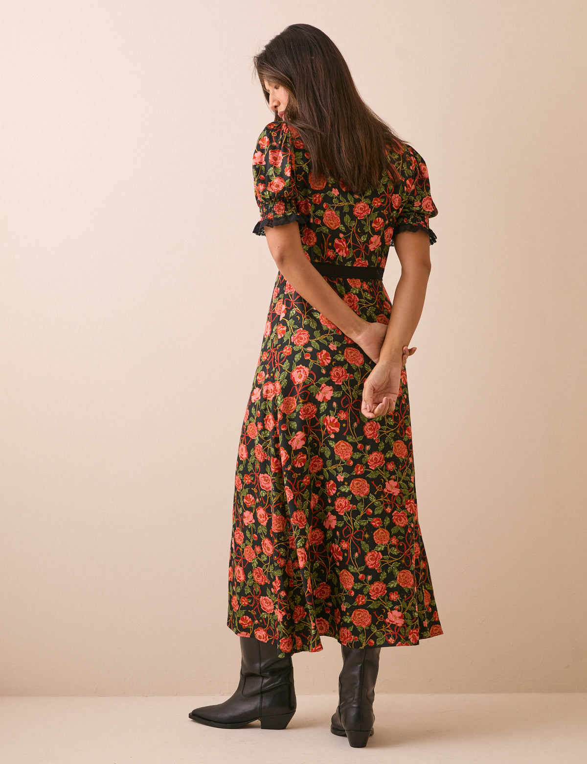 Black and Red Floral Sophia Midi Dress