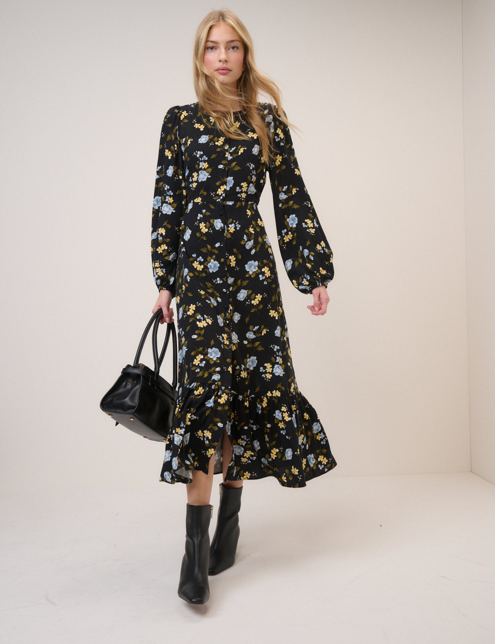 Black Floral Amara Midi Dress
