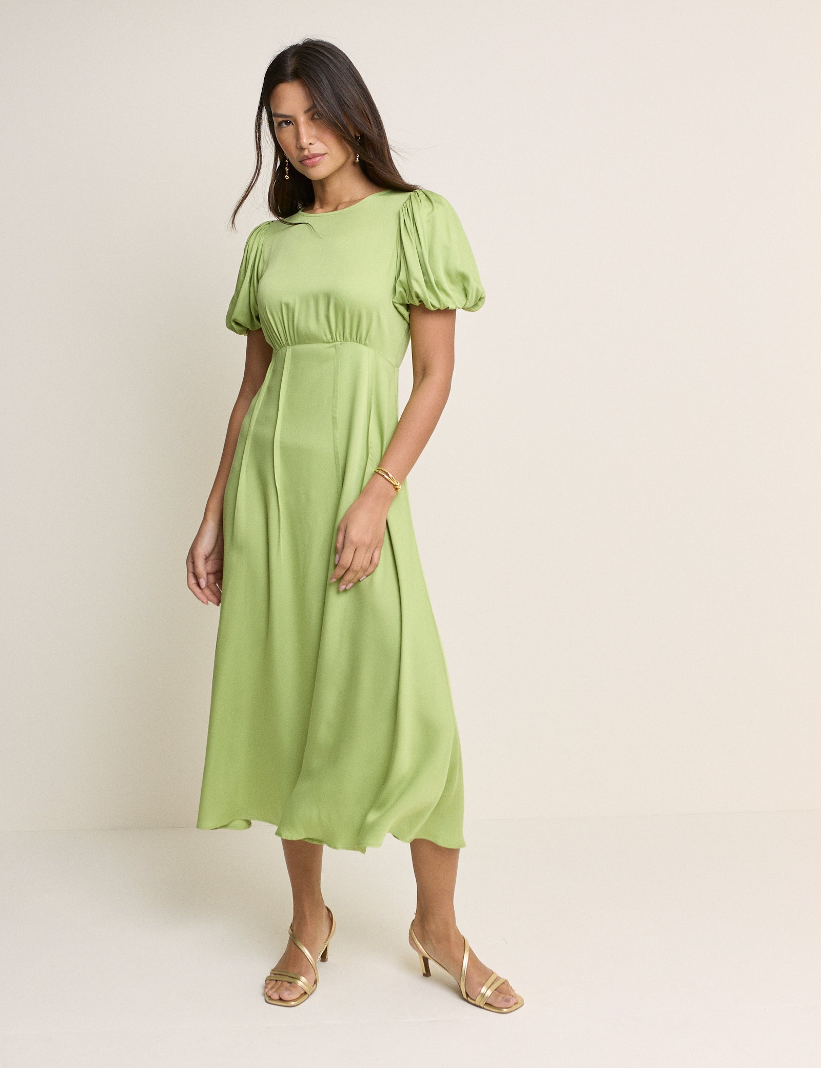 Green Puff Sleeve Quinn Midi Dress