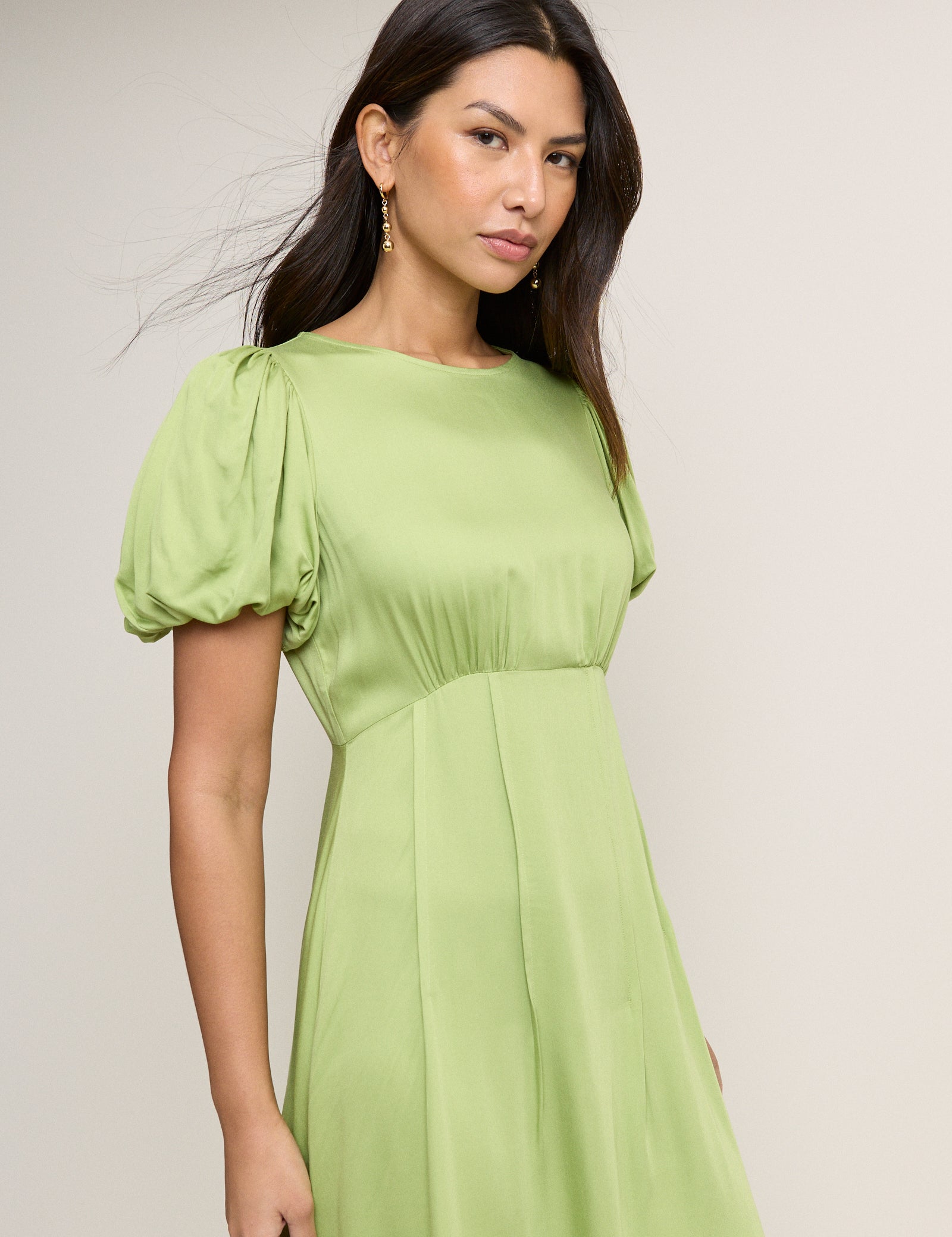 Green Puff Sleeve Quinn Midi Dress